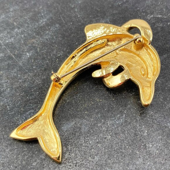 BUTLER Vintage gold tone metal leaping dolphin brooch ~ Signed rhinestone pin - Picture 9 of 10